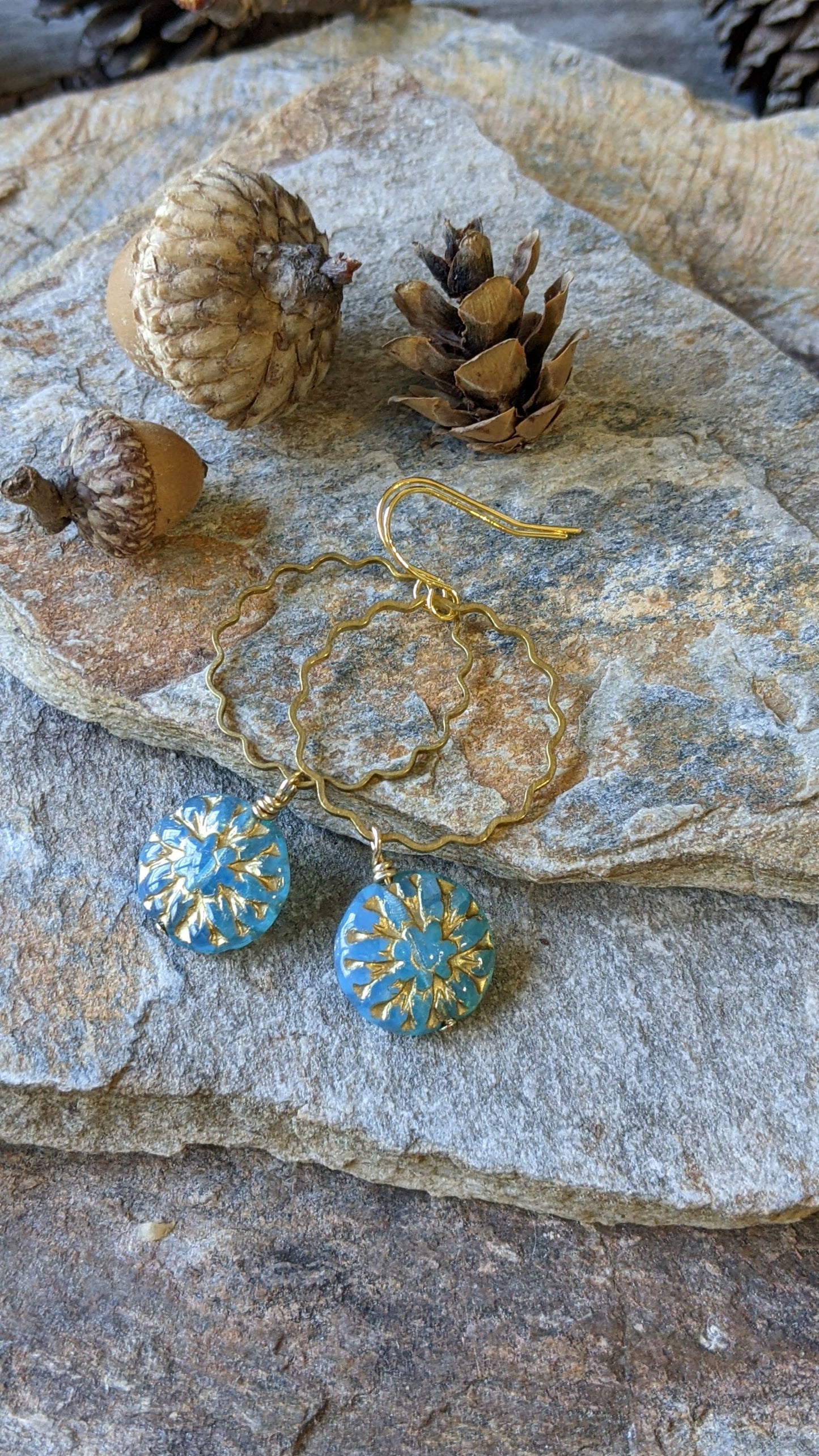 Flower Dangles ~ Sky Blue and Gold Glass