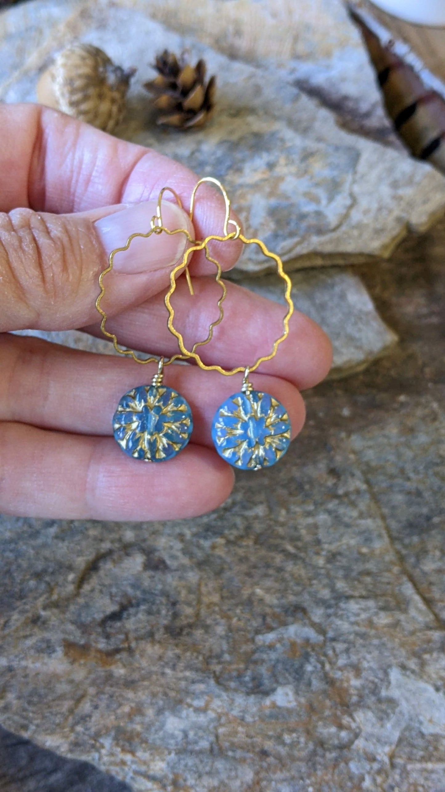 Flower Dangles ~ Sky Blue and Gold Glass