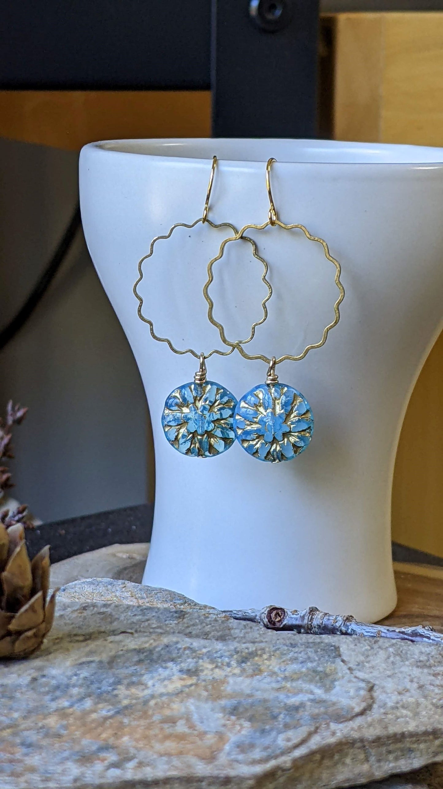 Flower Dangles ~ Sky Blue and Gold Glass