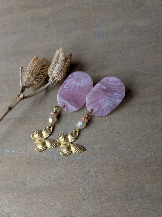 Butterfly Earrings ~ Pink Resin and Brass