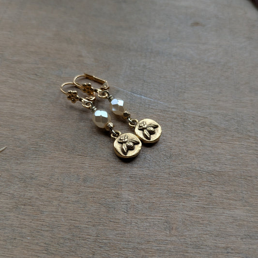 Delicate Bee Earrings ~ Cream and Brass