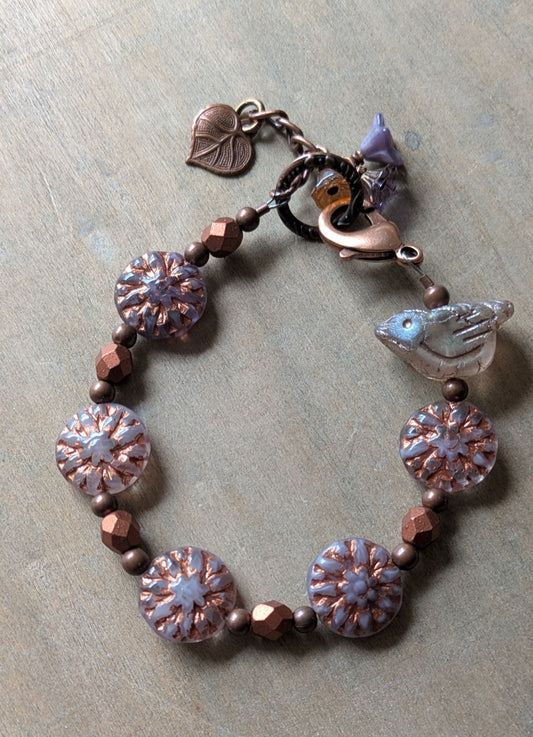 Beaded Bracelet ~ Bird Among the Flowers ~ Purple and Copper