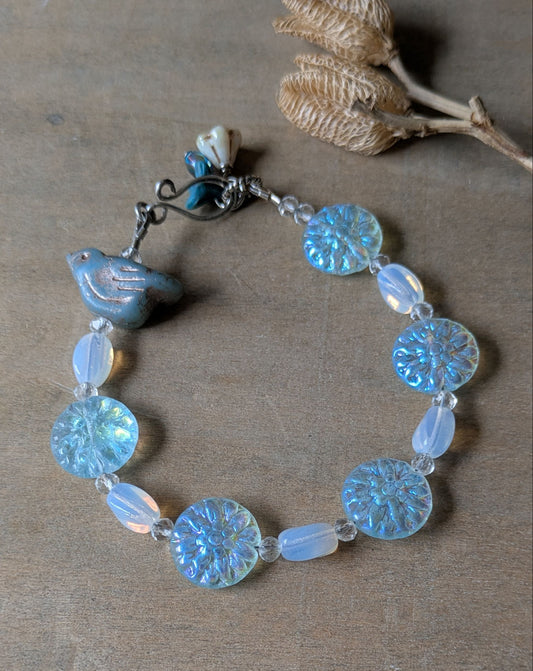 Beaded Bracelet ~ Bird Among the Flowers ~ Blue and White