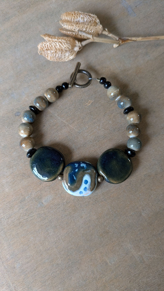 Beaded Ceramic Bracelet ~ Blue and Beige