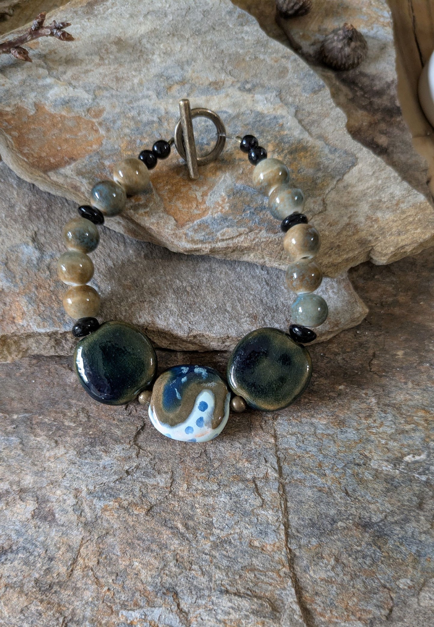 Beaded Ceramic Bracelet ~ Blue and Beige
