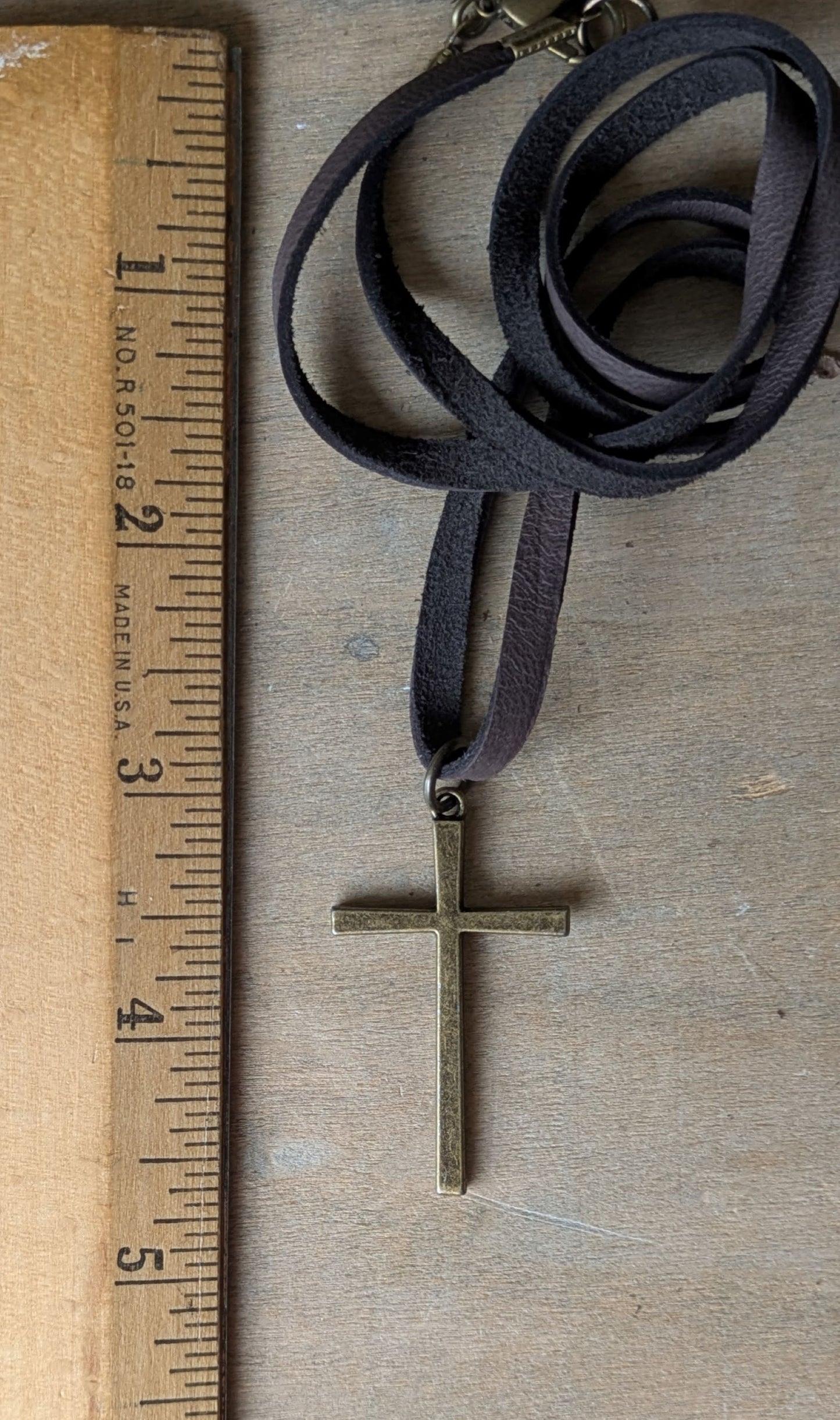 Men's Leather Cord Necklace Brass Cross