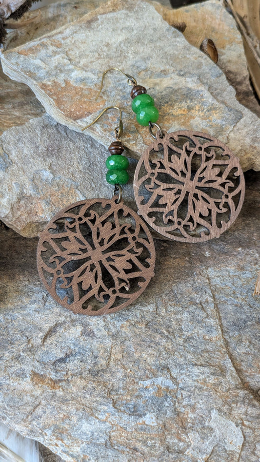 Large Statement Earrings ~ Green Agate and Wood