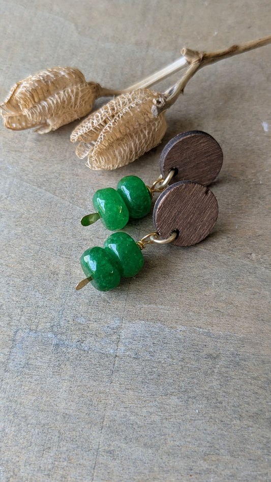 Simple Post Earrings ~ Green Agate and Wood