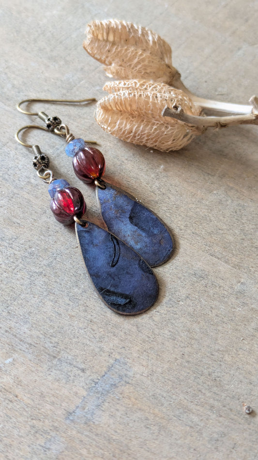 Patinated Brass Dangles ~ Purple and Red