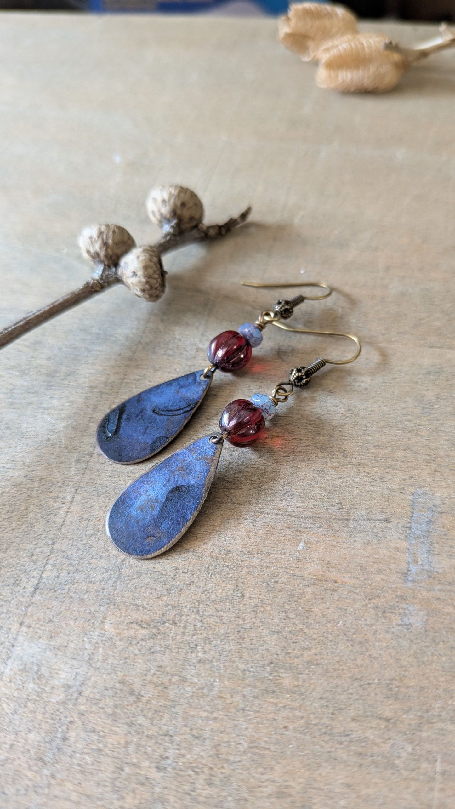 Patinated Brass Dangles ~ Purple and Red