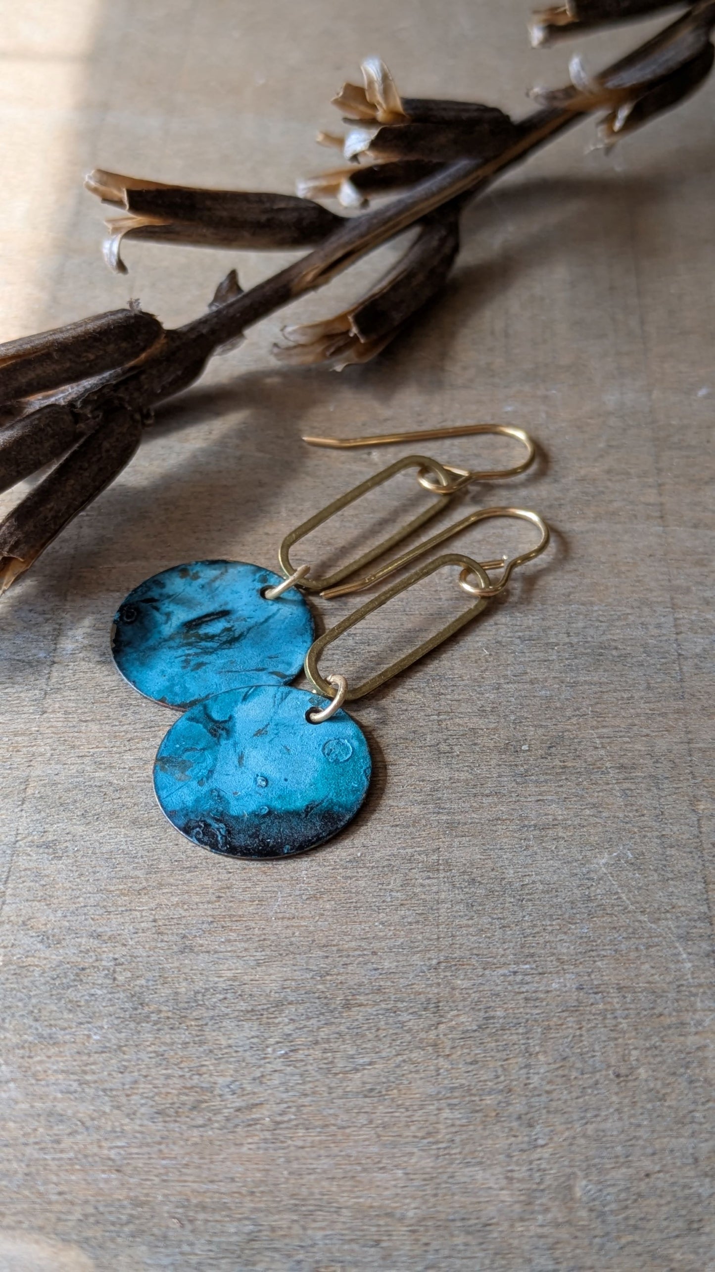 Patinated Brass Dangles ~ Seafoam Blue