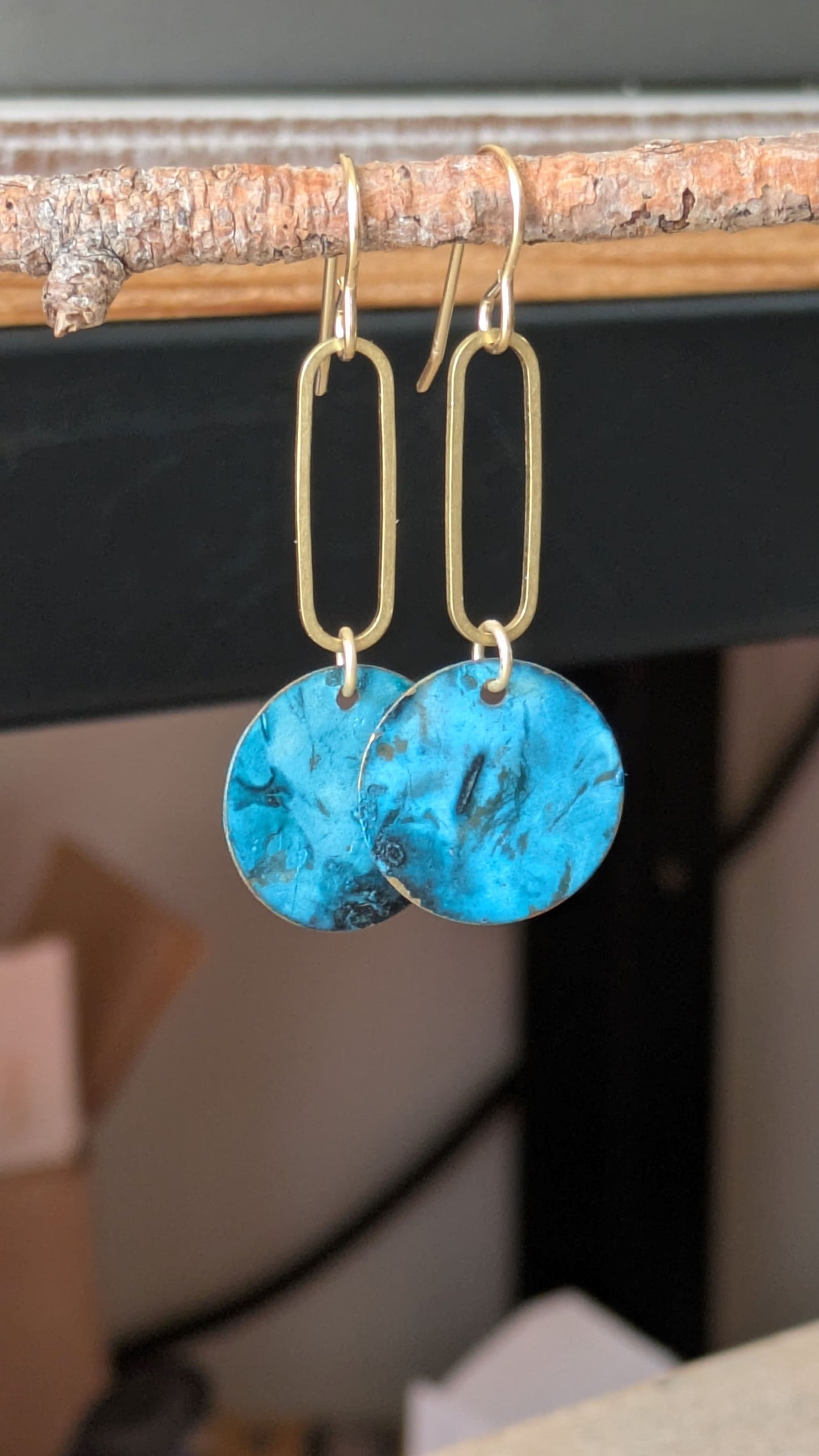 Patinated Brass Dangles ~ Seafoam Blue