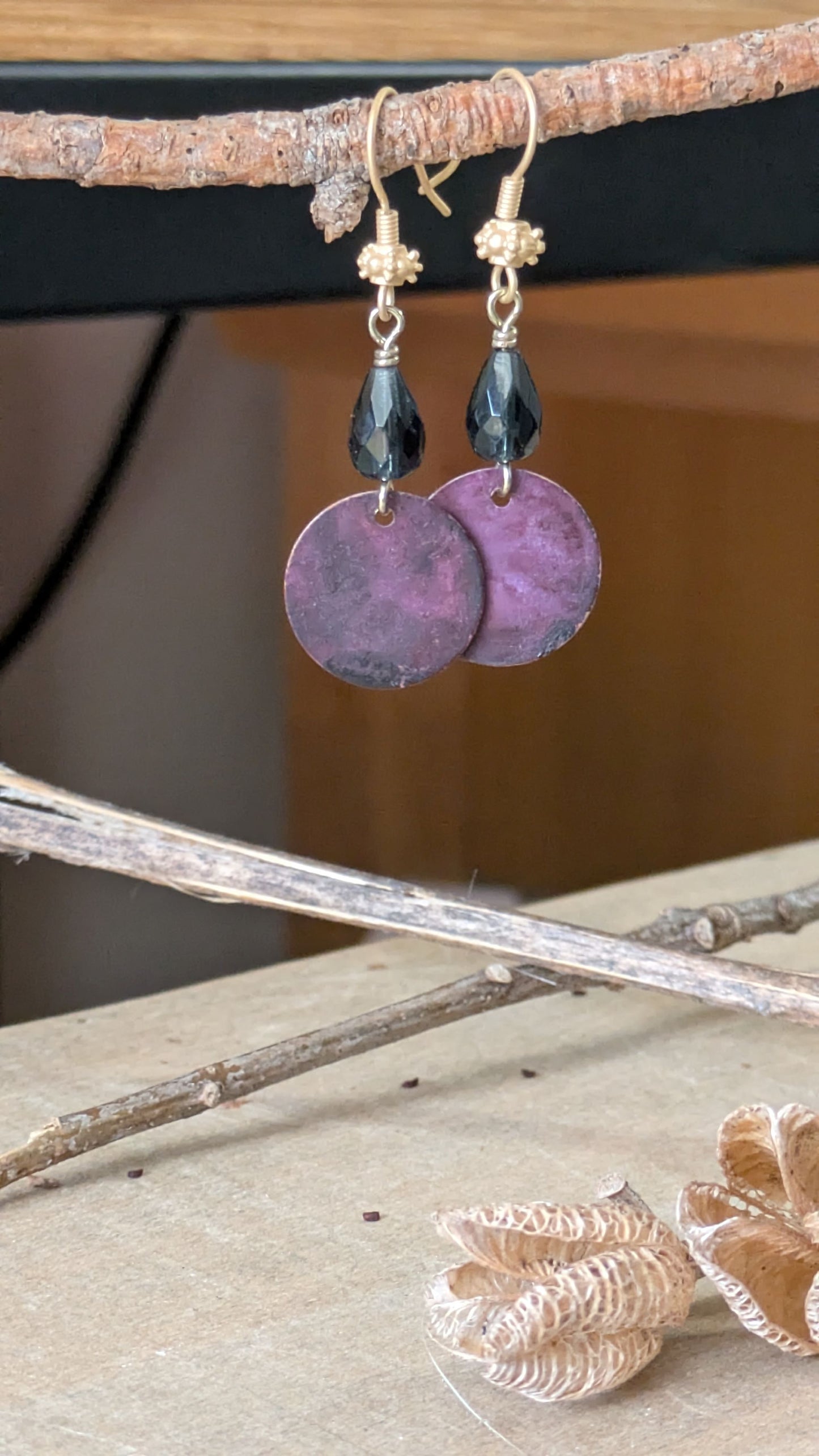 Patinated Brass Dangles ~ Moody Purple