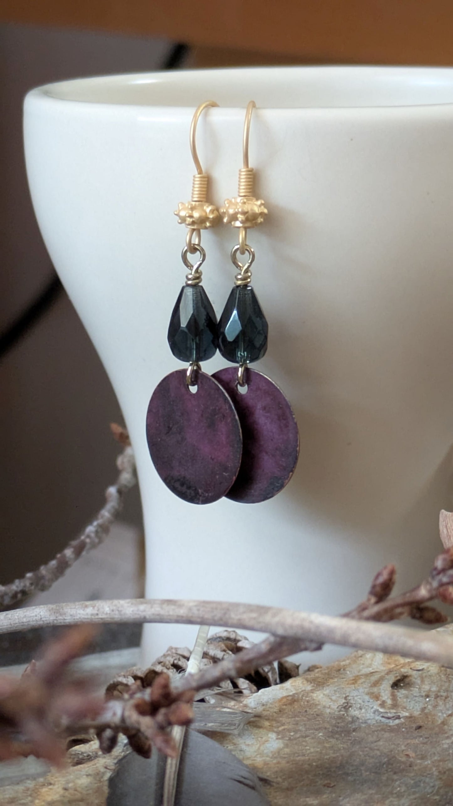 Patinated Brass Dangles ~ Moody Purple