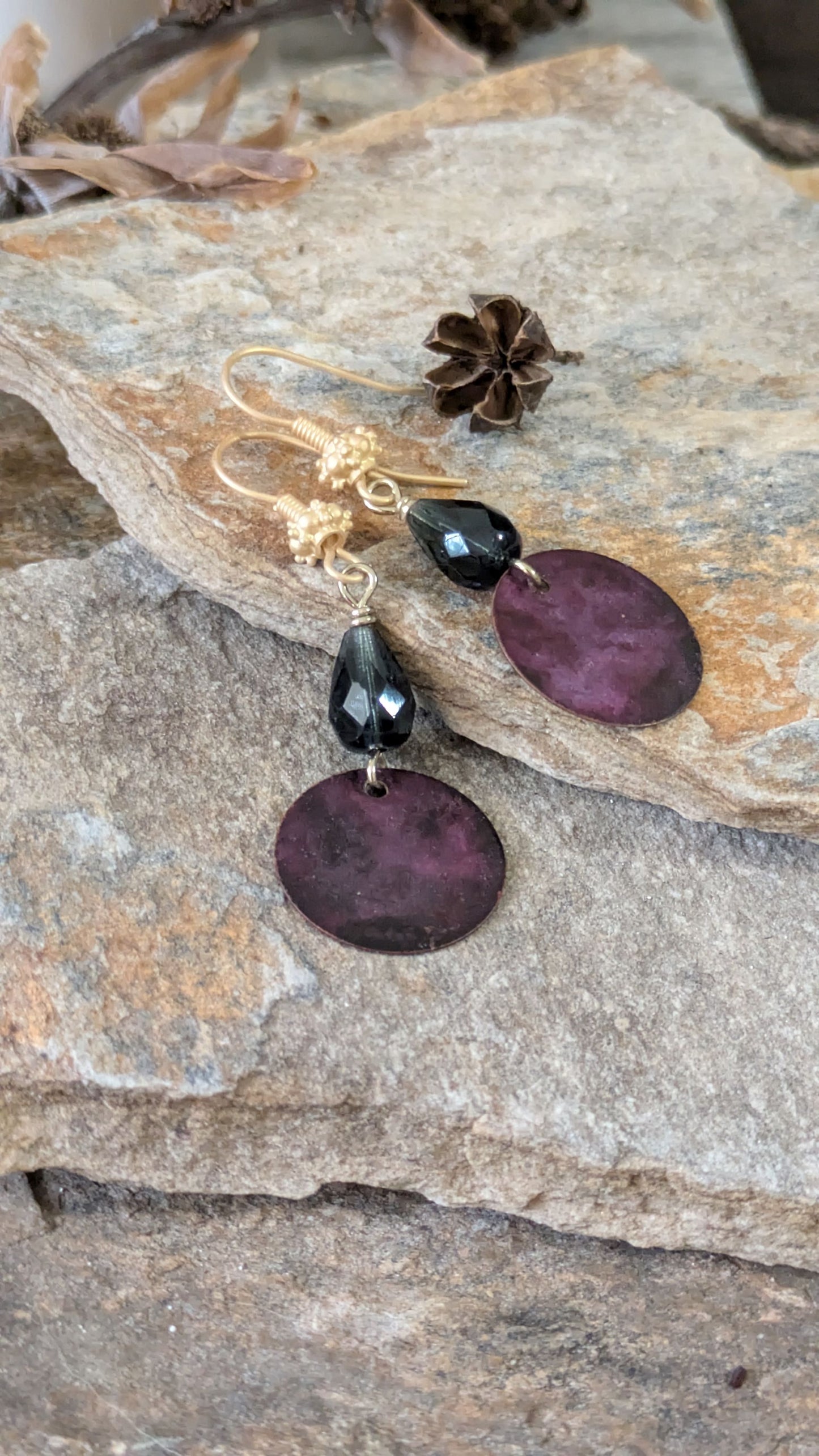 Patinated Brass Dangles ~ Moody Purple