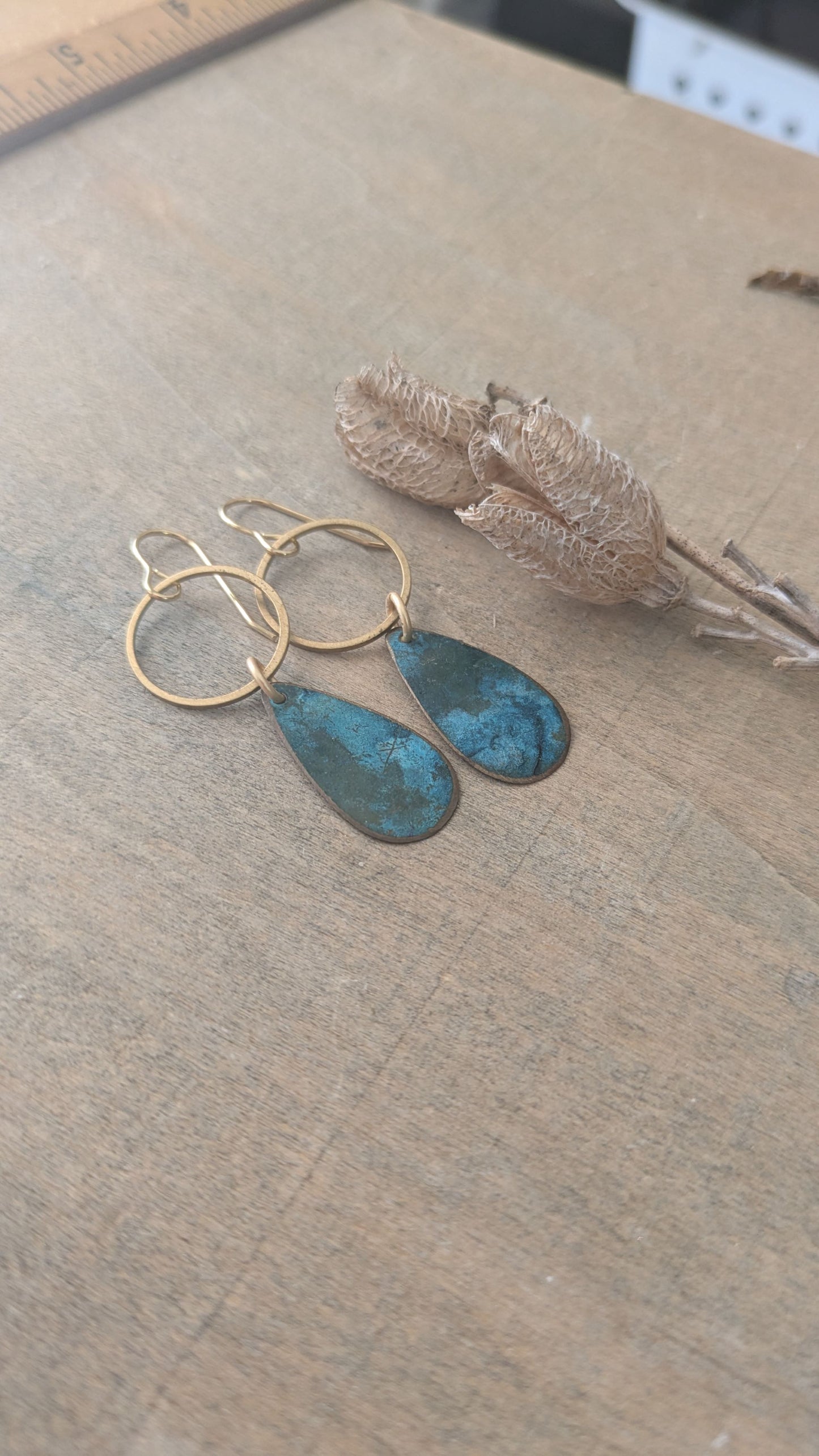 Patinated Brass Dangles ~ Stormy Blue
