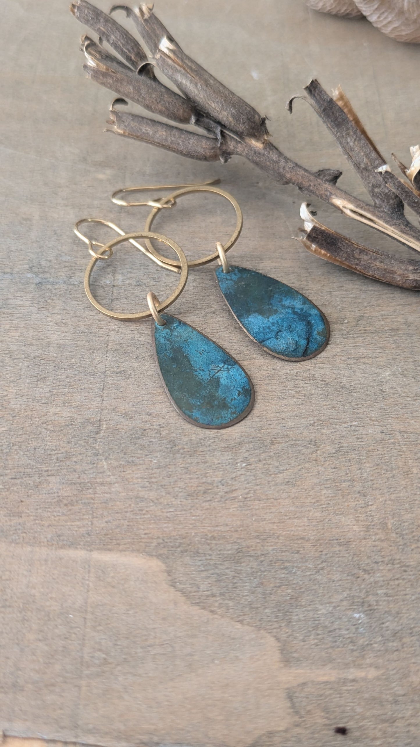 Patinated Brass Dangles ~ Stormy Blue