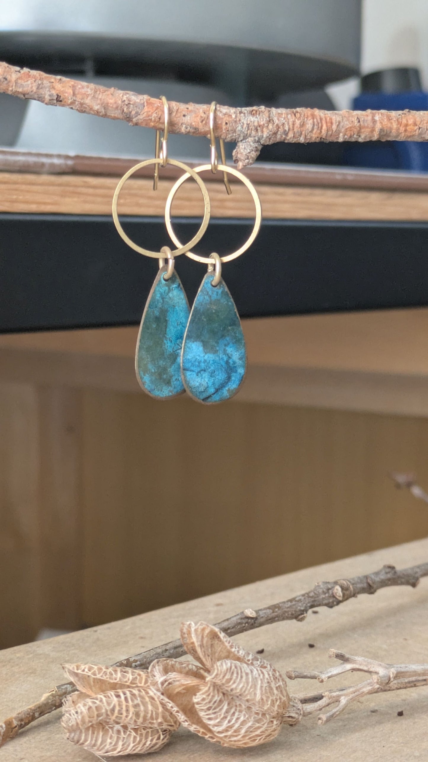 Patinated Brass Dangles ~ Stormy Blue