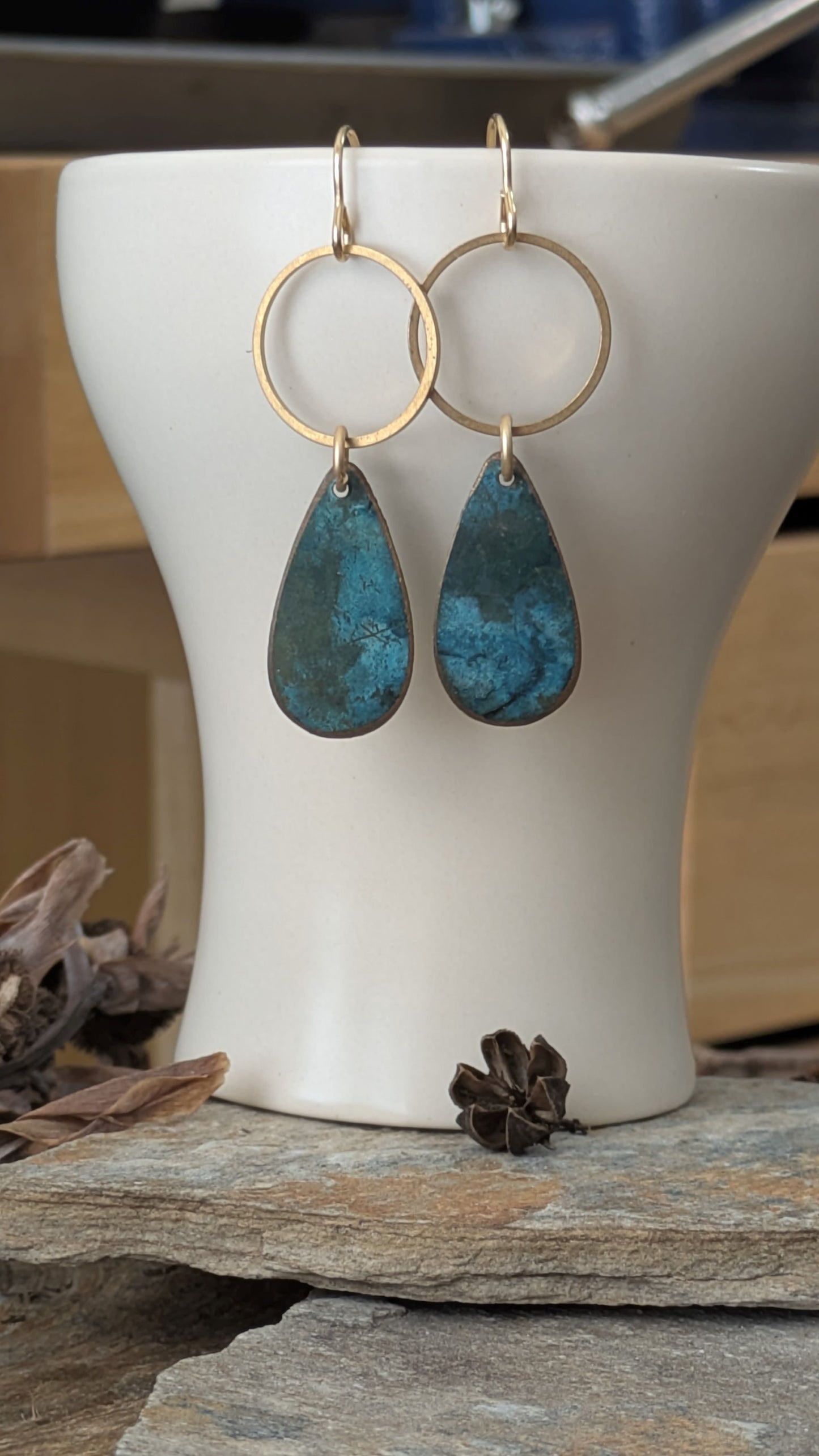 Patinated Brass Dangles ~ Stormy Blue