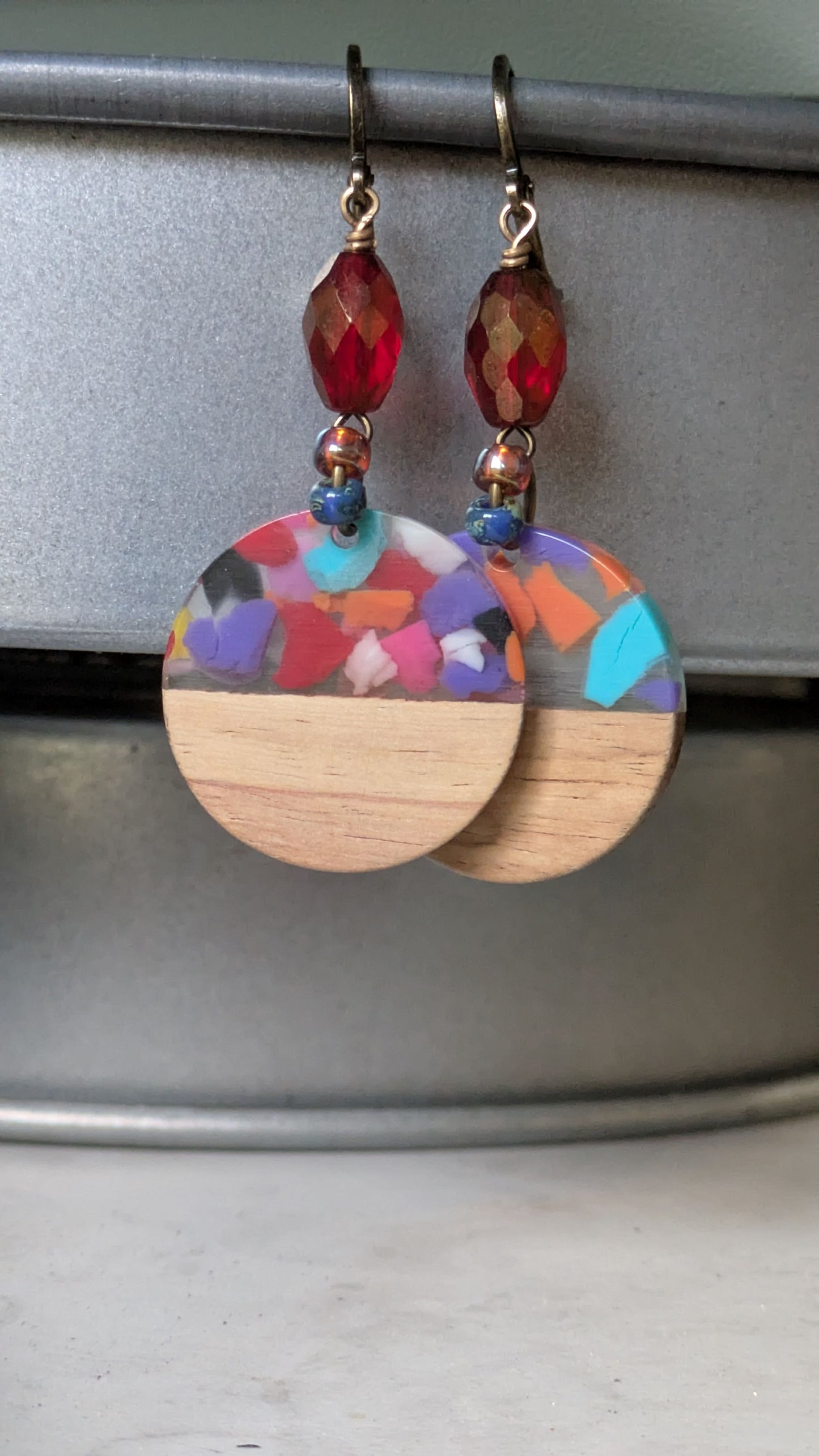 Wood and Resin Earrings ~ Fiesta #3