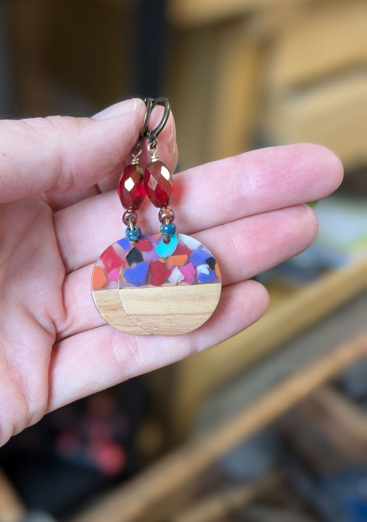 Wood and Resin Earrings ~ Fiesta #3