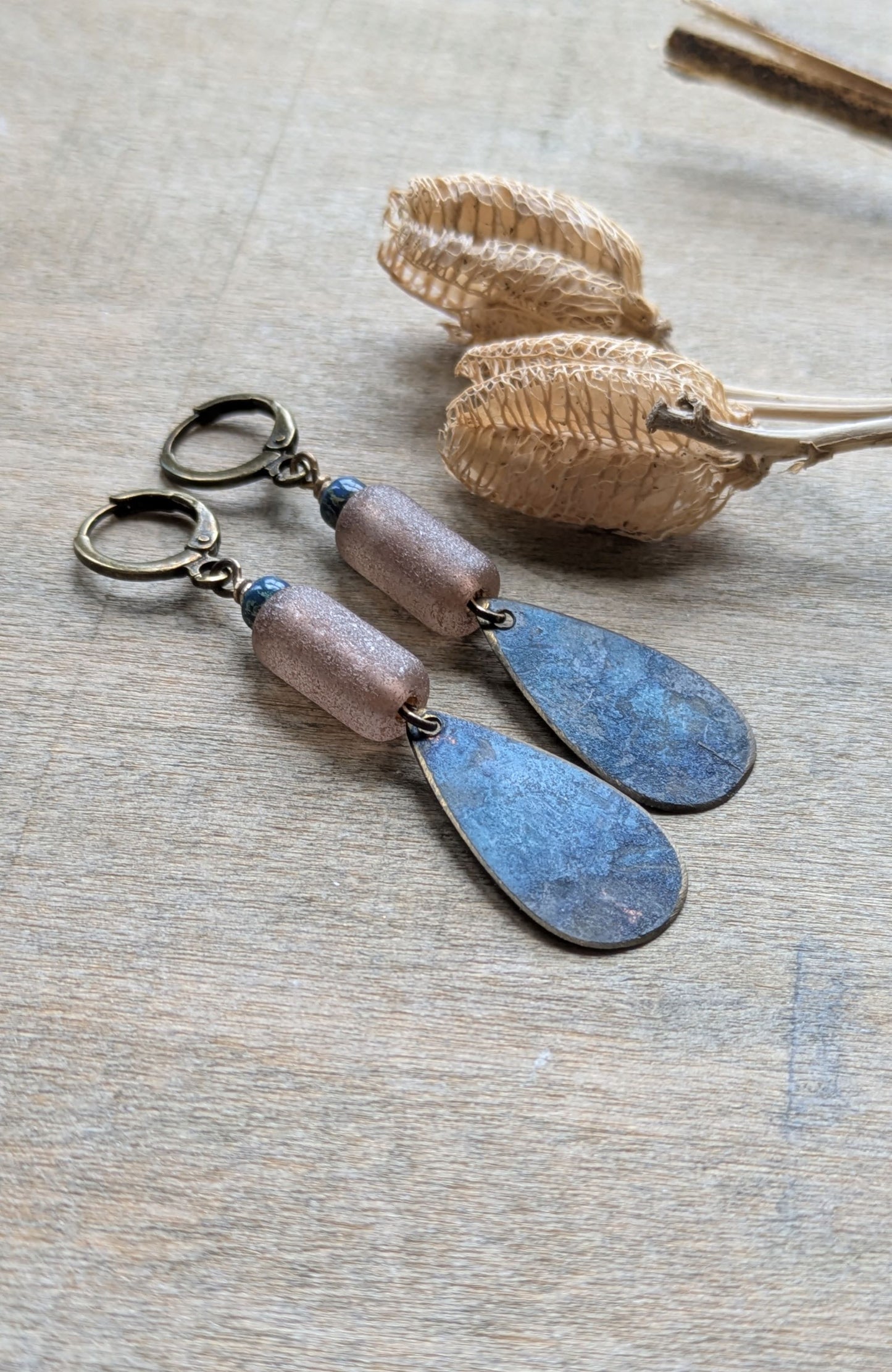Patinated Brass Dangles ~ Dusty Pink and Blue