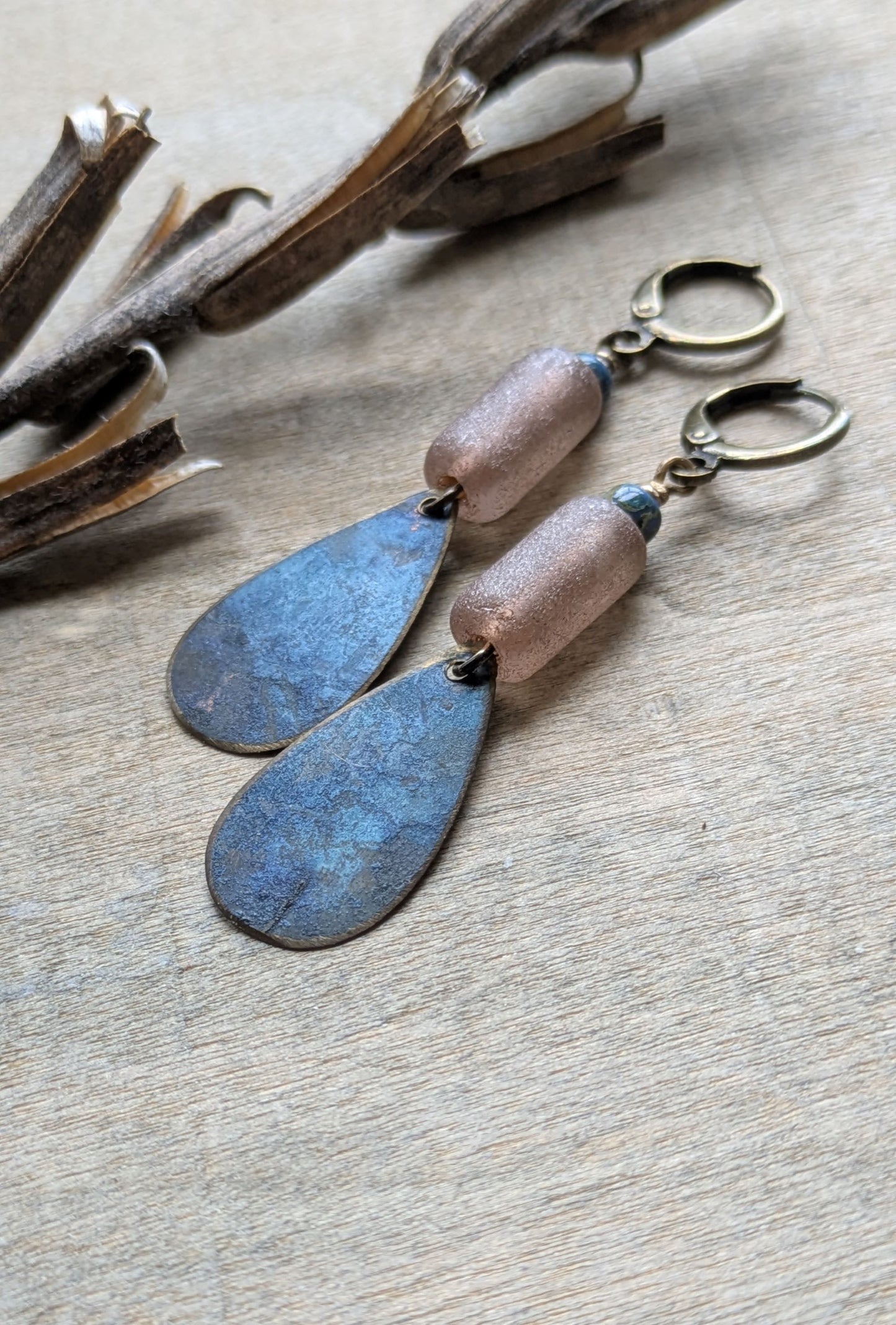 Patinated Brass Dangles ~ Dusty Pink and Blue