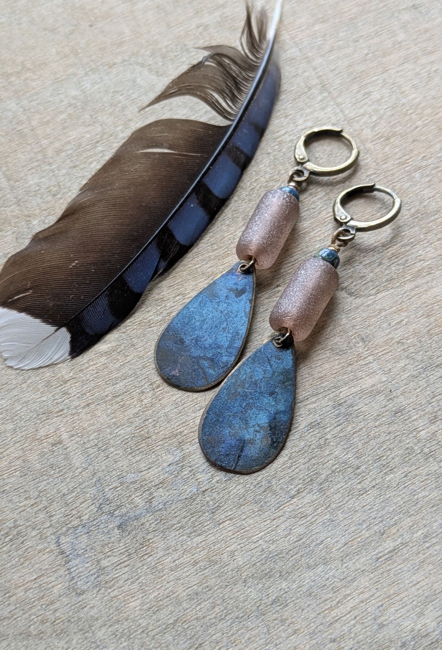 Patinated Brass Dangles ~ Dusty Pink and Blue