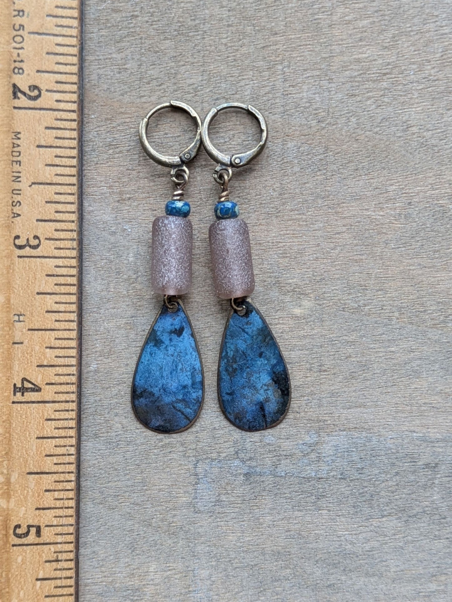 Patinated Brass Dangles ~ Dusty Pink and Blue