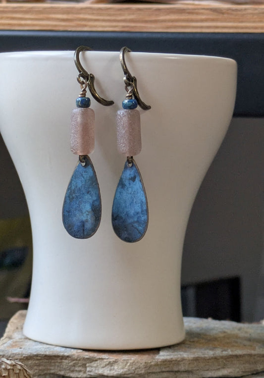 Patinated Brass Dangles ~ Dusty Pink and Blue