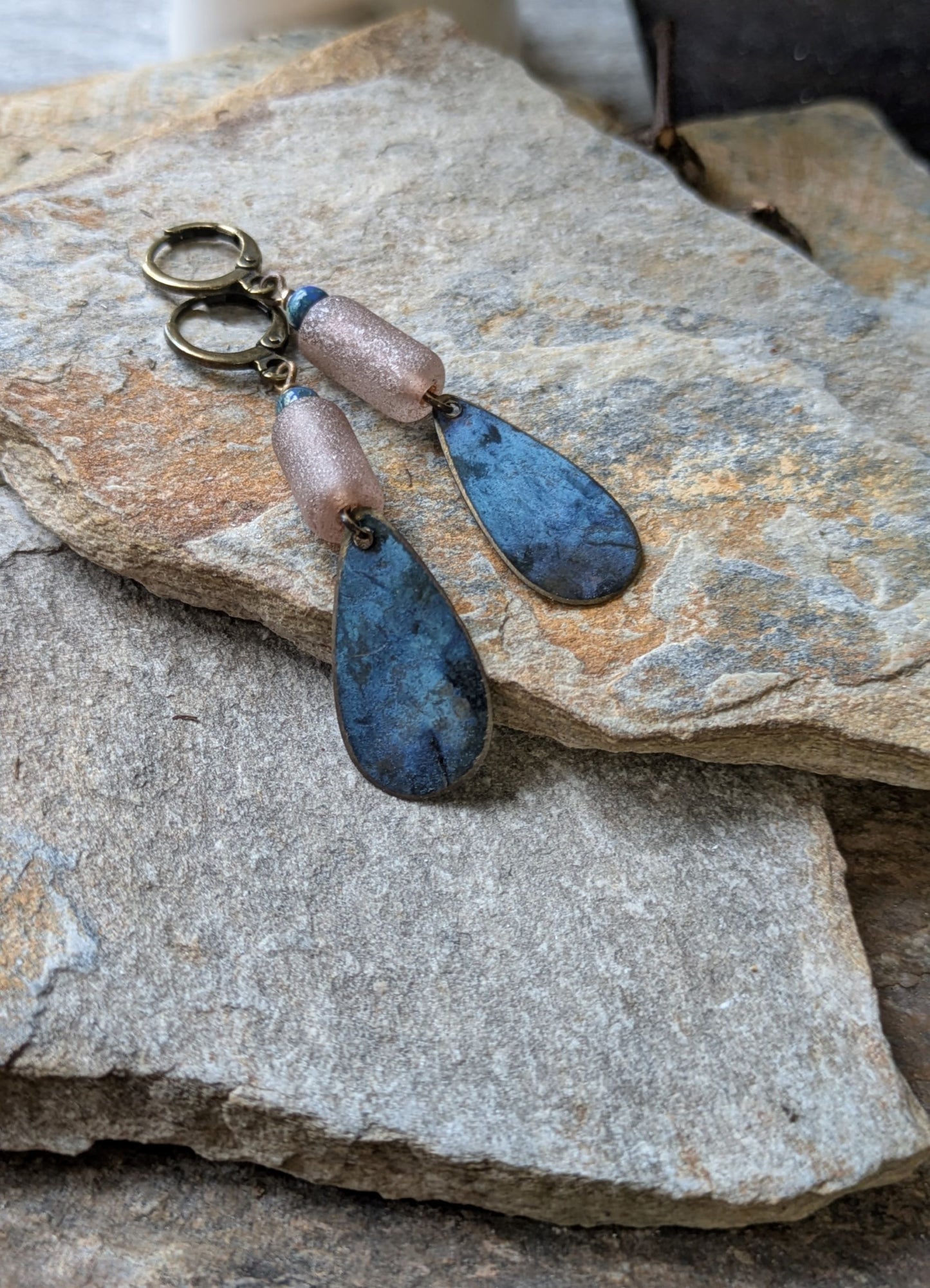 Patinated Brass Dangles ~ Dusty Pink and Blue