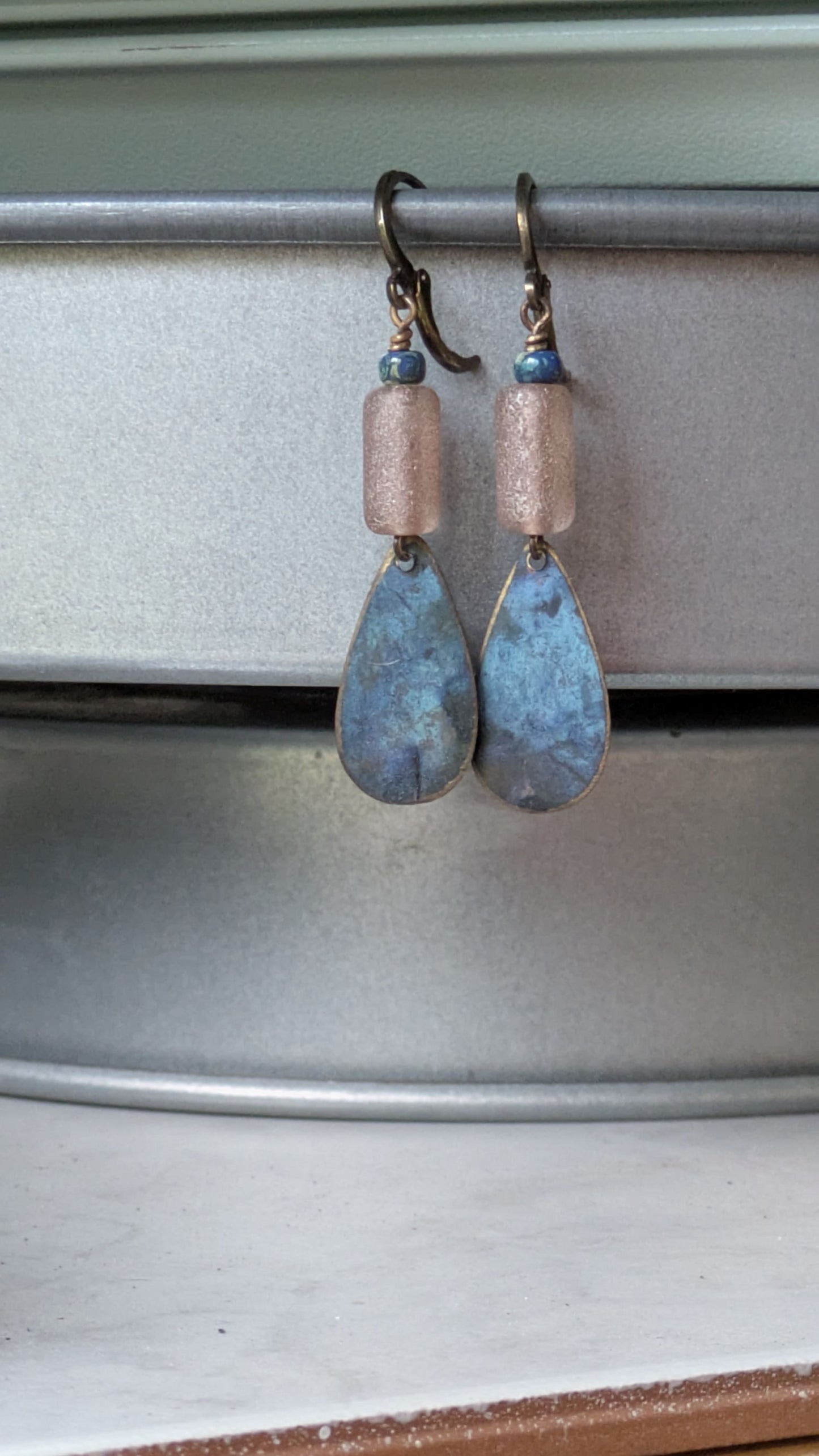 Patinated Brass Dangles ~ Dusty Pink and Blue