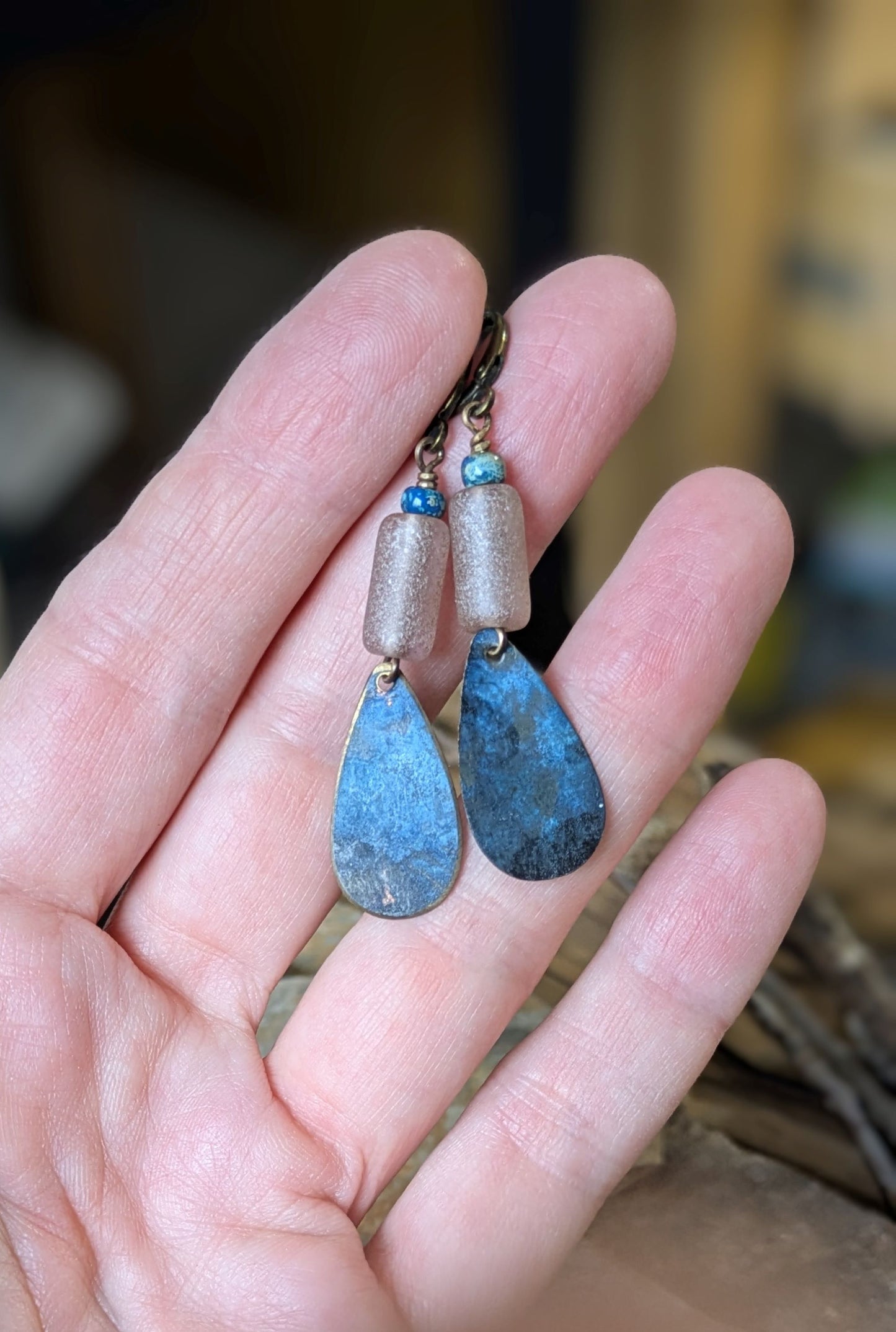 Patinated Brass Dangles ~ Dusty Pink and Blue