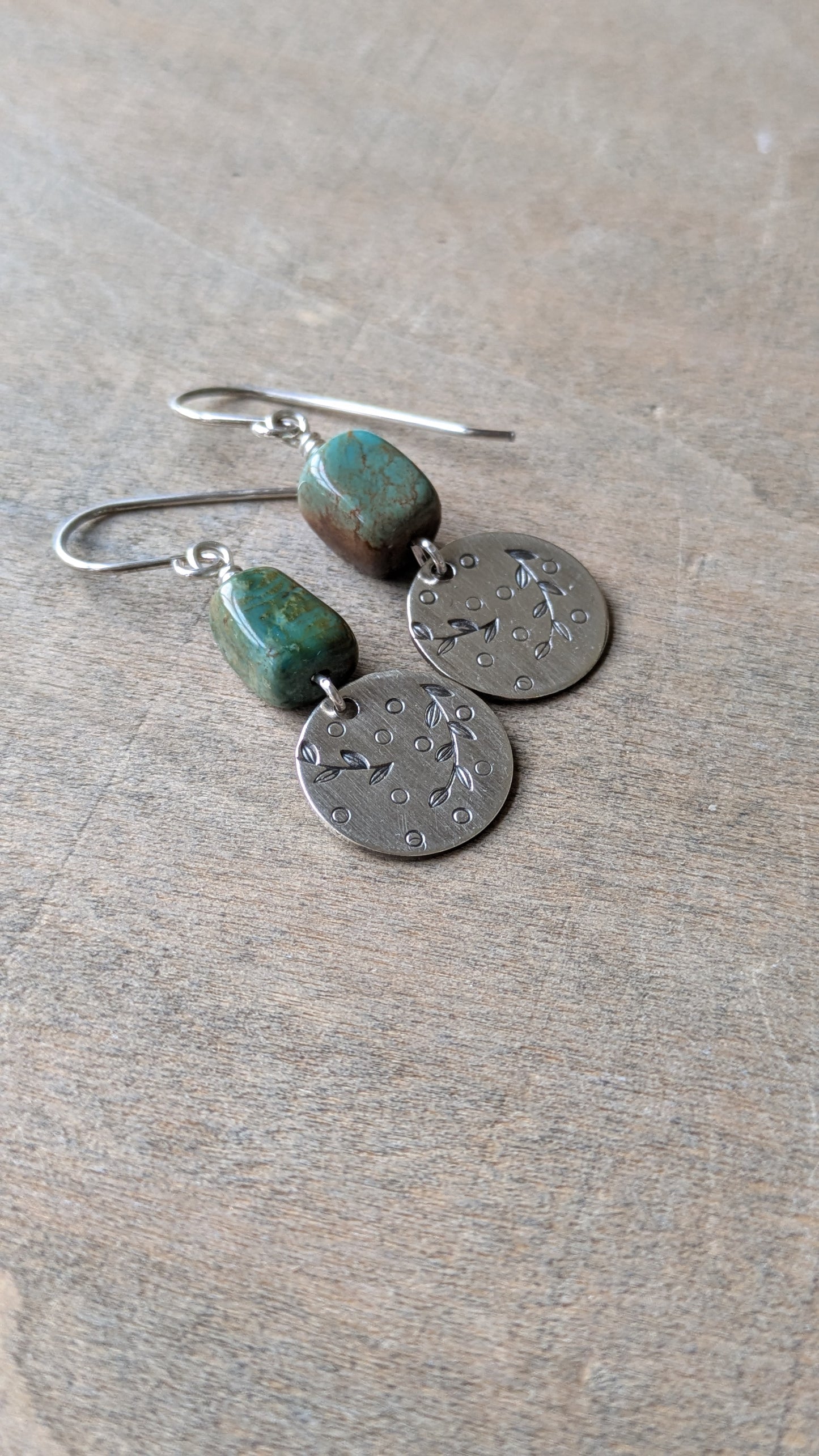 Turquoise Earrings ~Stamped Silver Disc ~ Leafy Branch