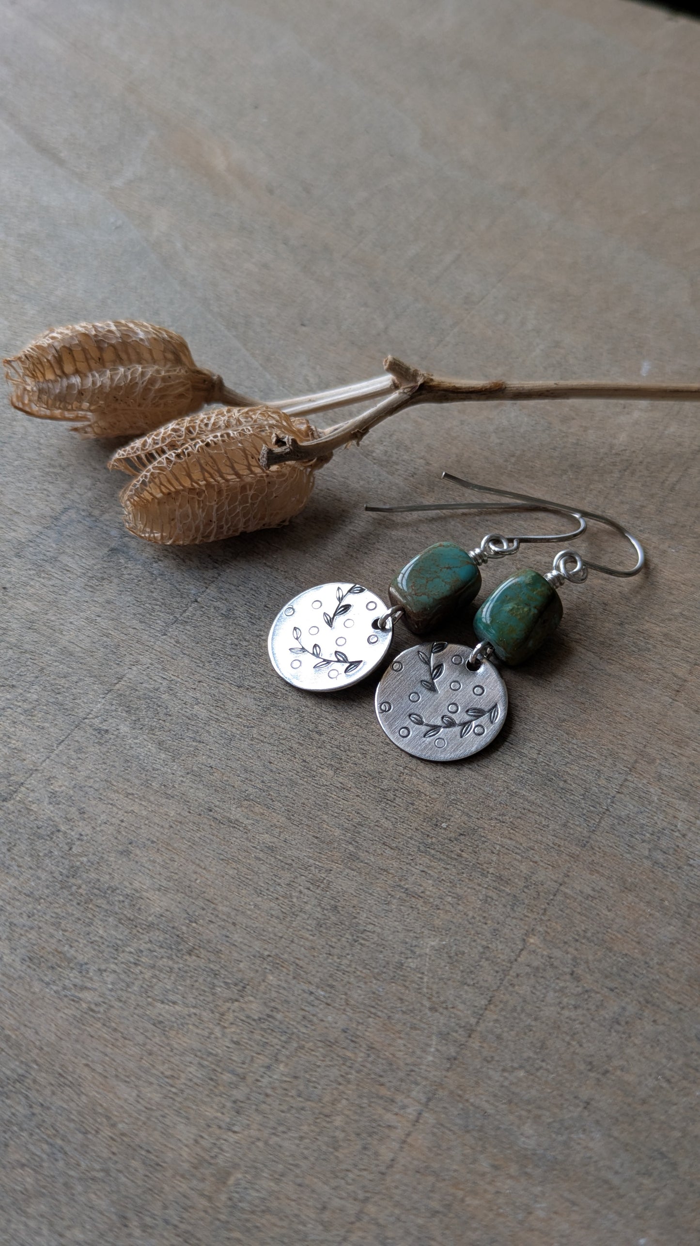 Turquoise Earrings ~Stamped Silver Disc ~ Leafy Branch