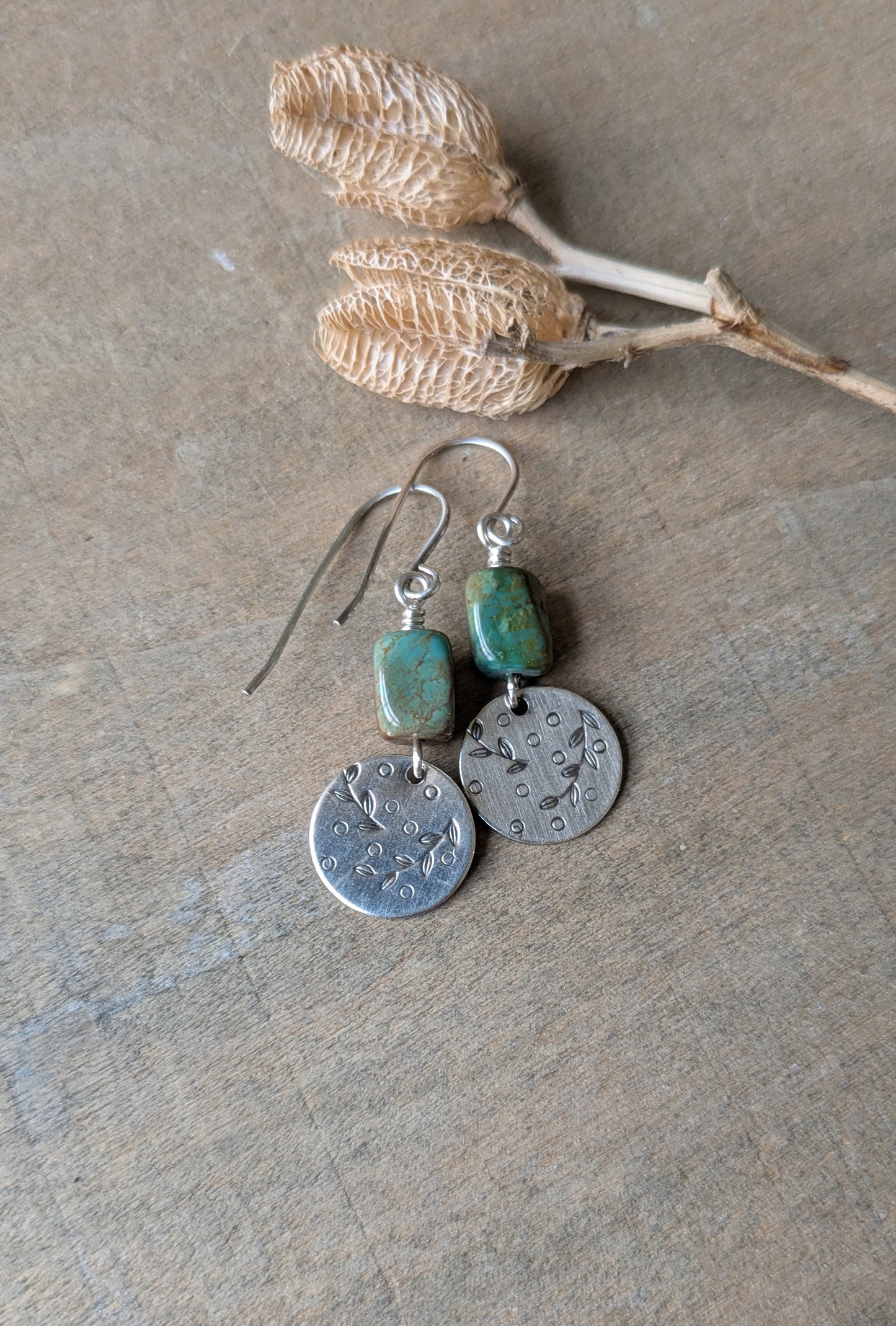 Turquoise Earrings ~Stamped Silver Disc ~ Leafy Branch