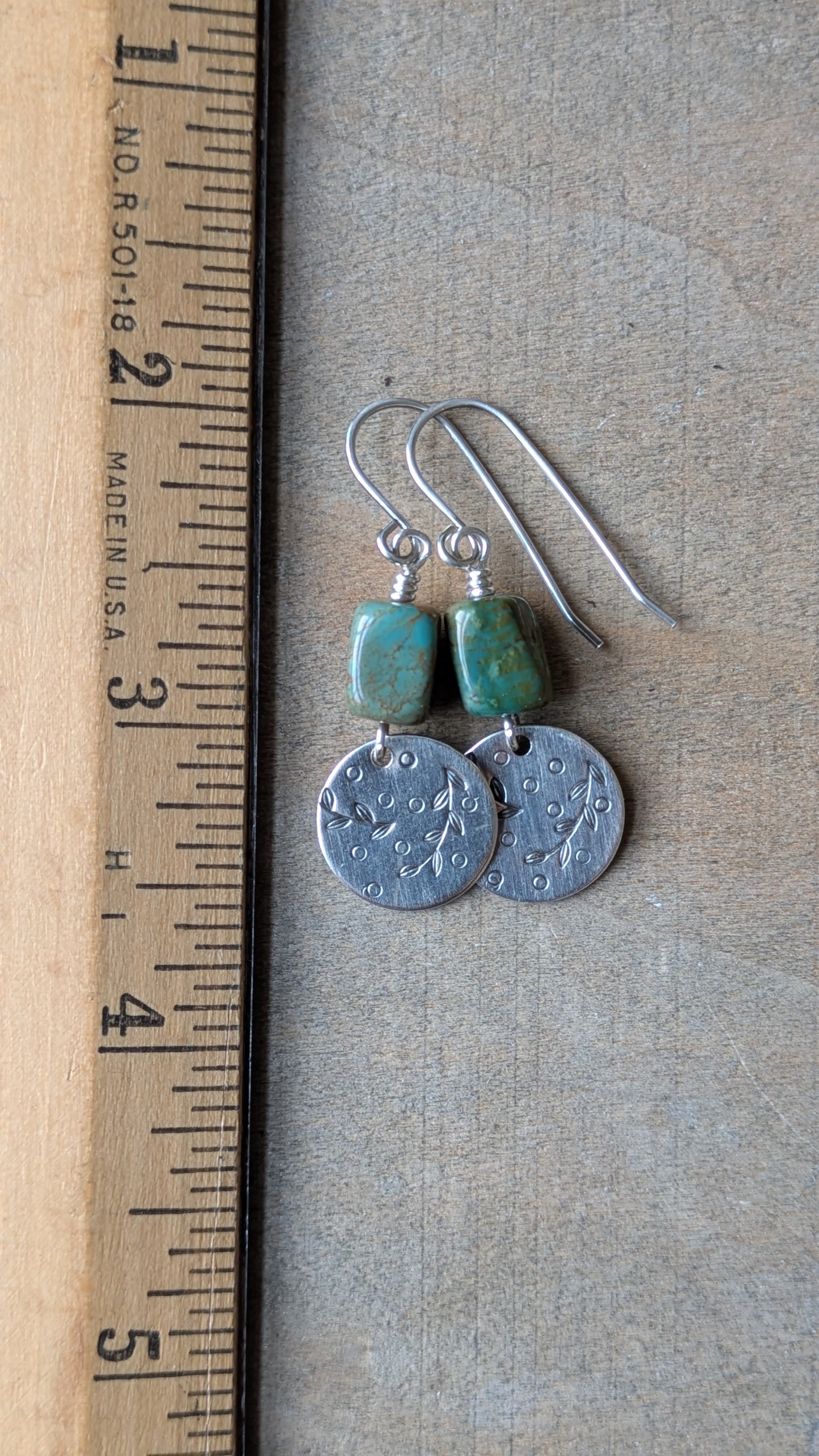 Turquoise Earrings ~Stamped Silver Disc ~ Leafy Branch