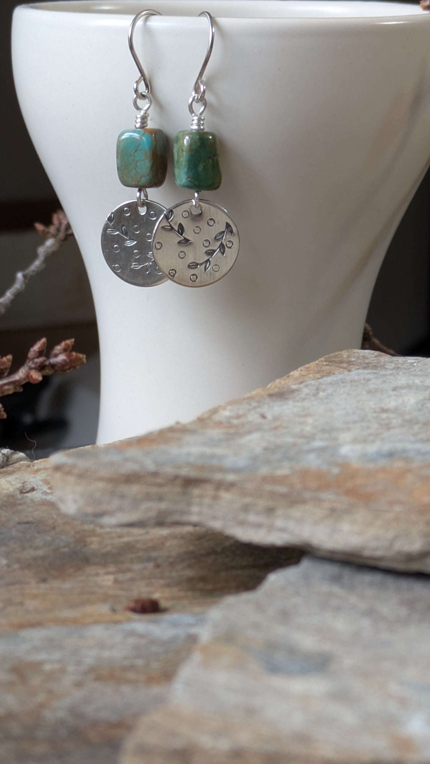 Turquoise Earrings ~Stamped Silver Disc ~ Leafy Branch