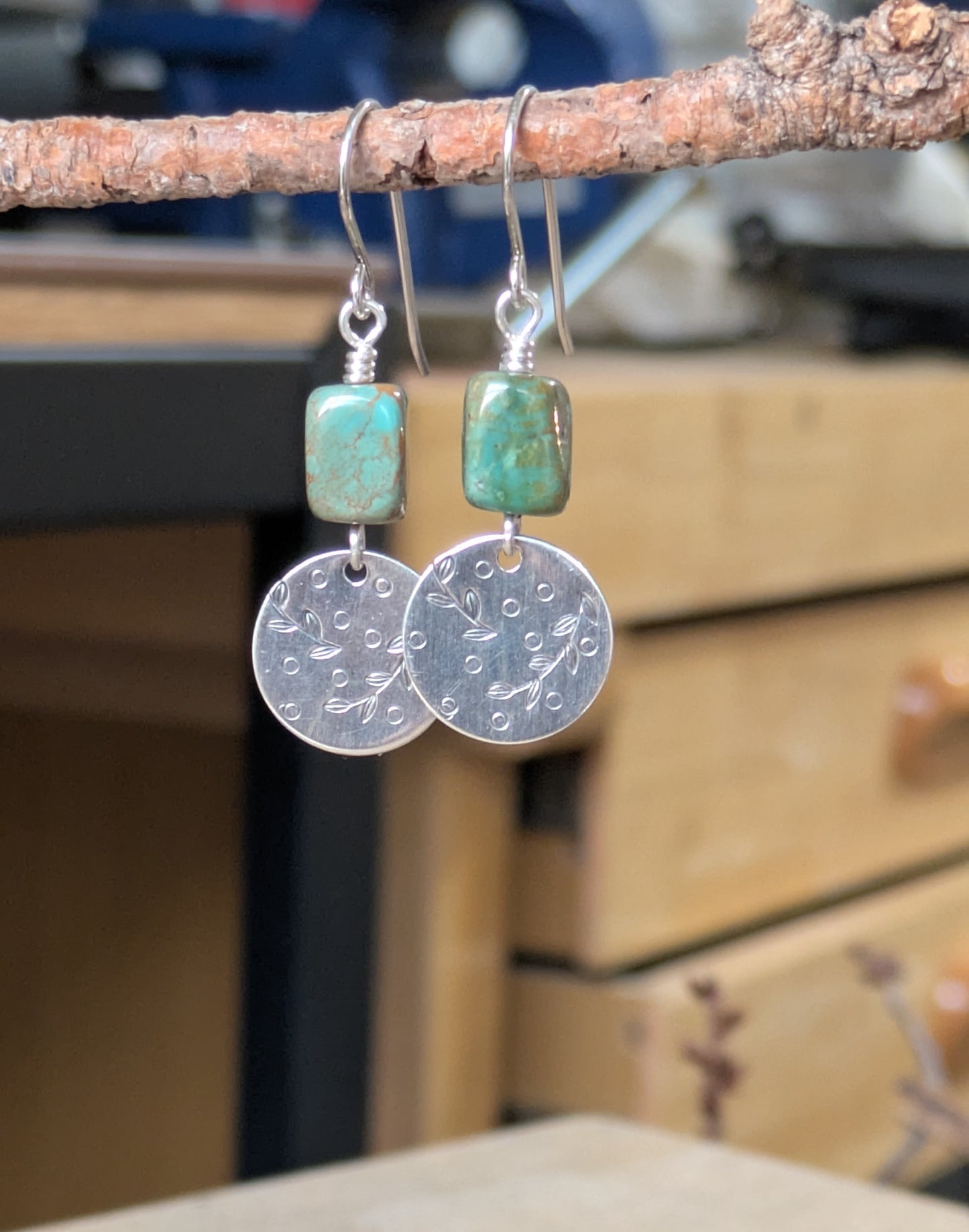 Turquoise Earrings ~Stamped Silver Disc ~ Leafy Branch