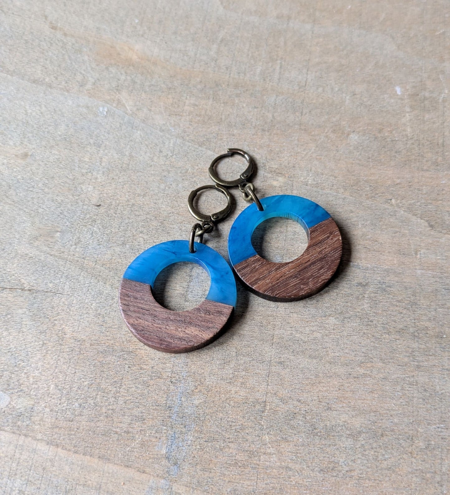 Wood and Resin Hoop Earrings Sky Blue