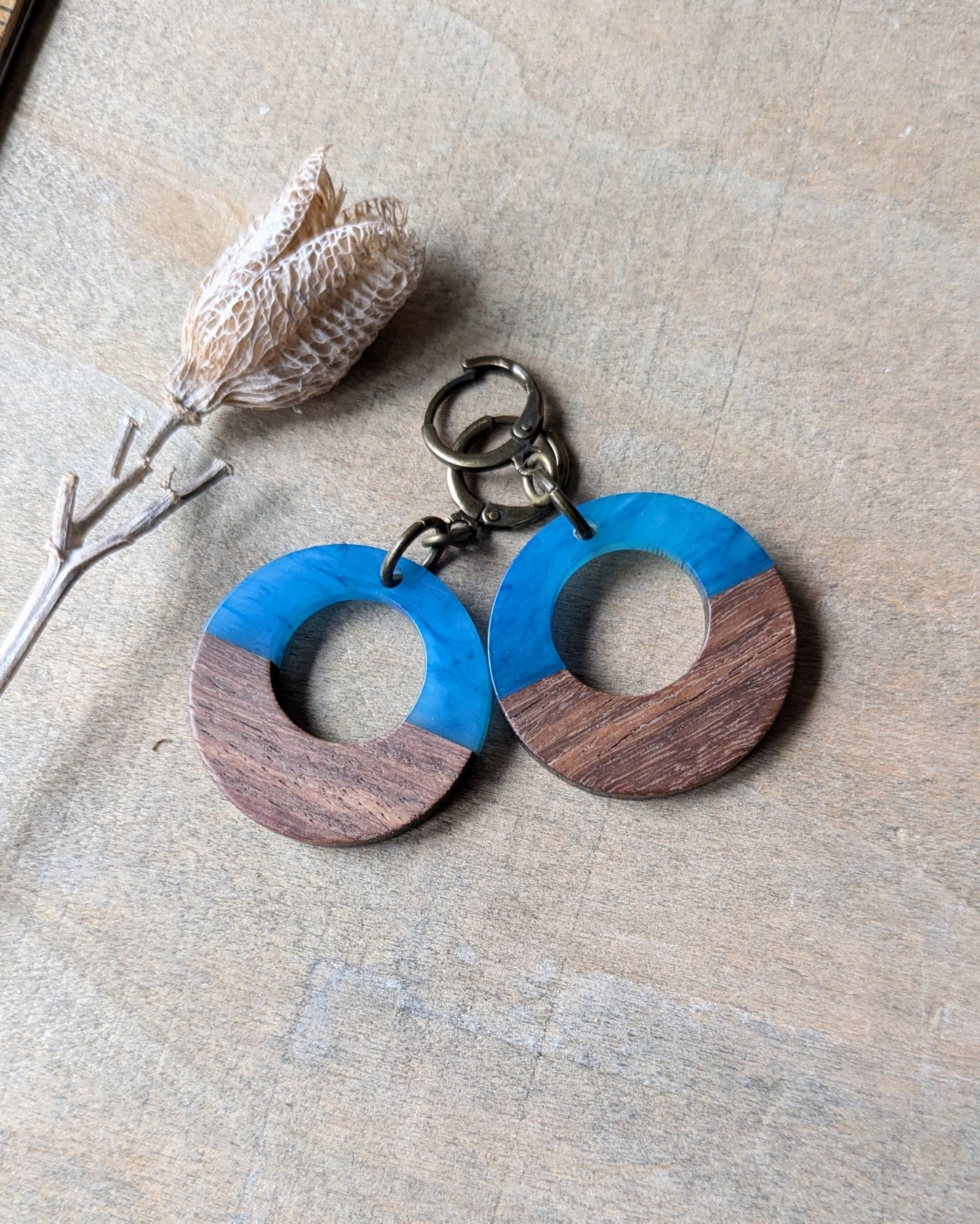 Wood and Resin Hoop Earrings Sky Blue
