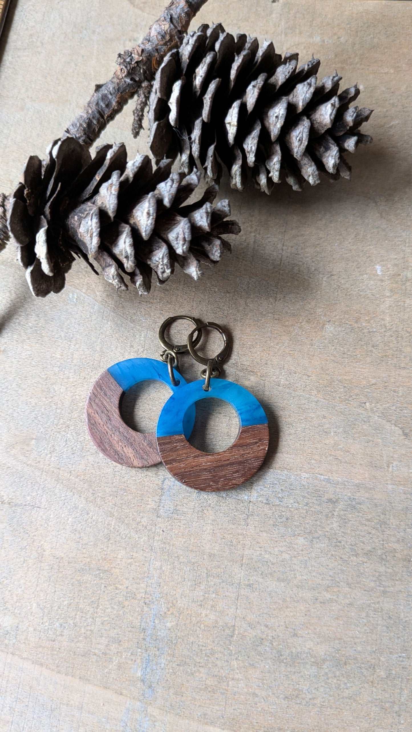 Wood and Resin Hoop Earrings Sky Blue