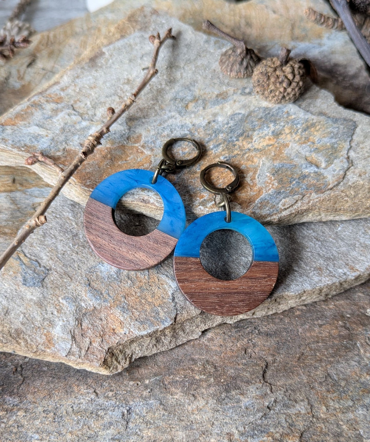 Wood and Resin Hoop Earrings Sky Blue