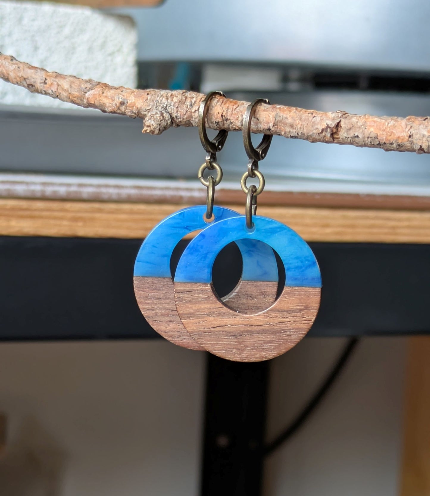 Wood and Resin Hoop Earrings Sky Blue