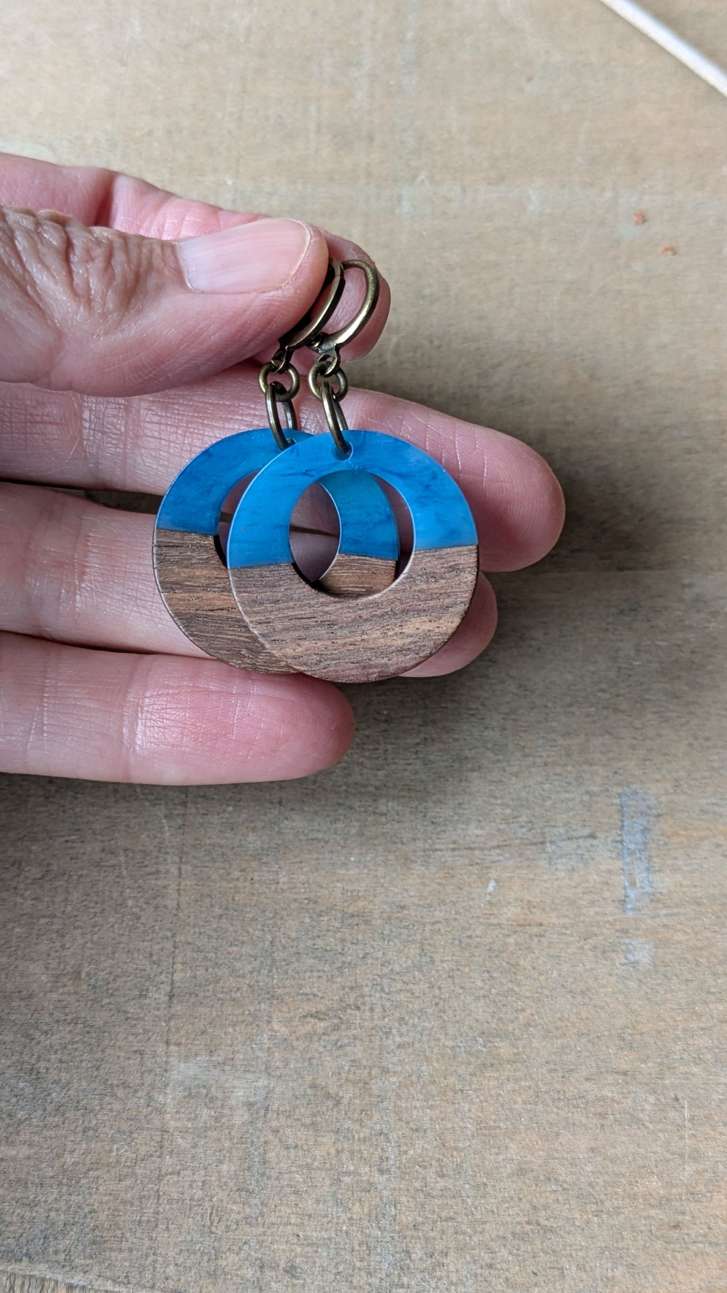 Wood and Resin Hoop Earrings Sky Blue