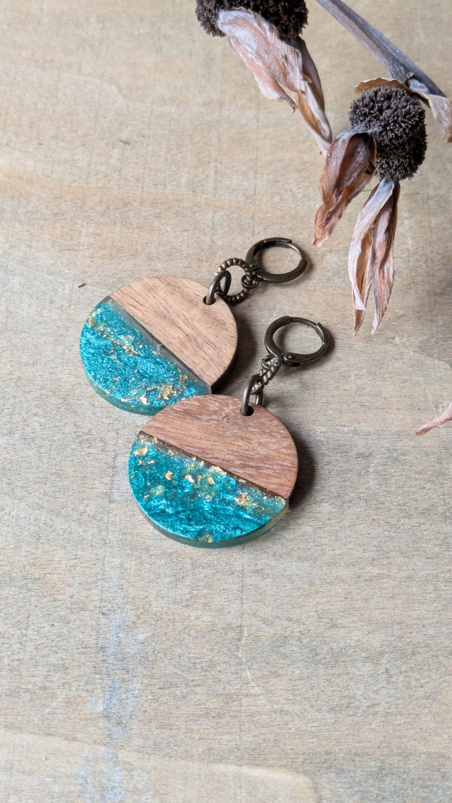 Wood and Resin Earrings ~ Sea Green