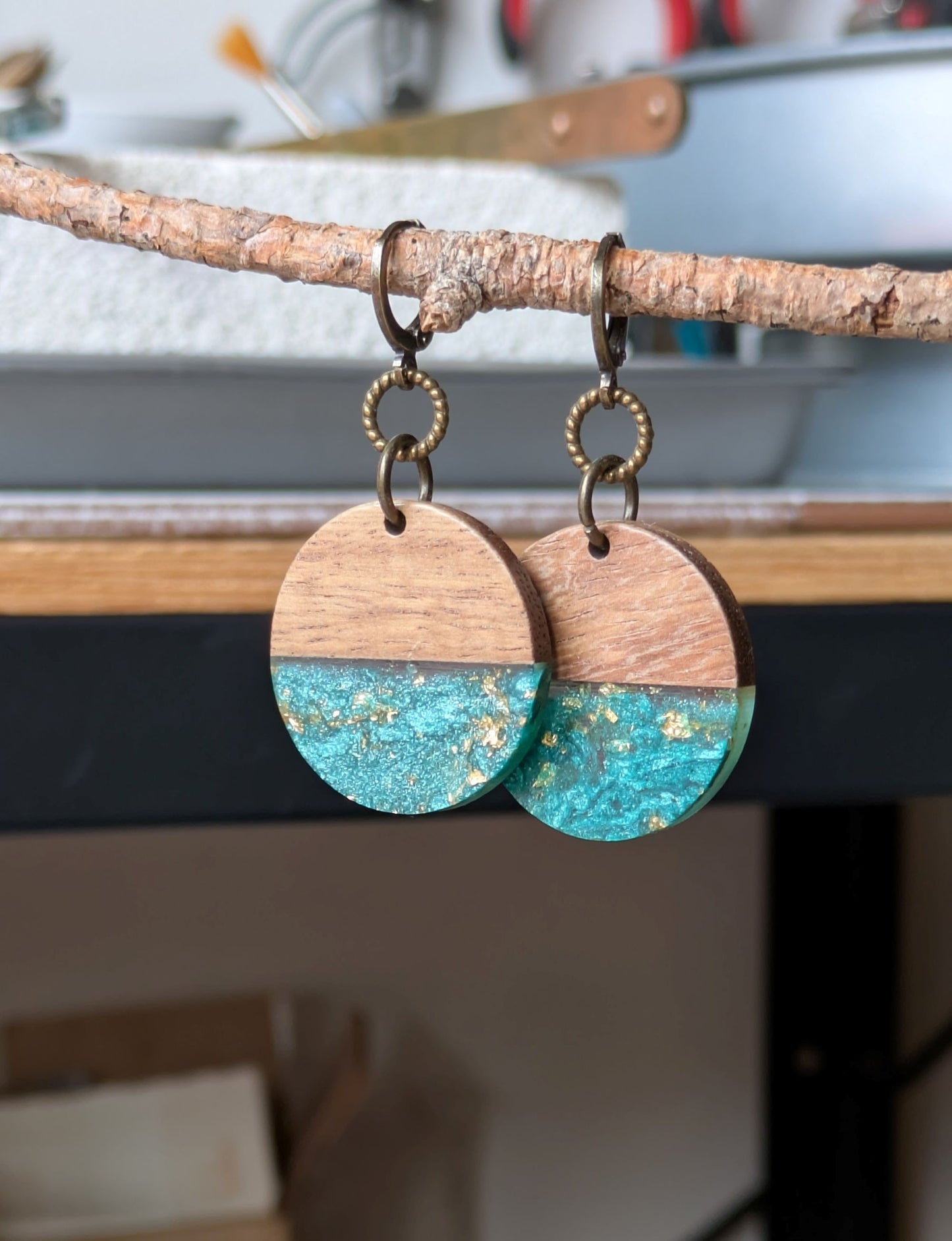 Wood and Resin Earrings ~ Sea Green