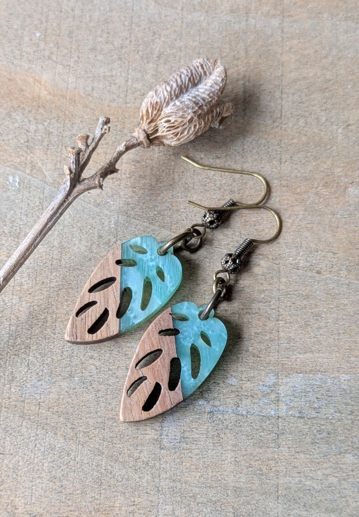 Wood and Resin Earrings ~ Leafy Dangles
