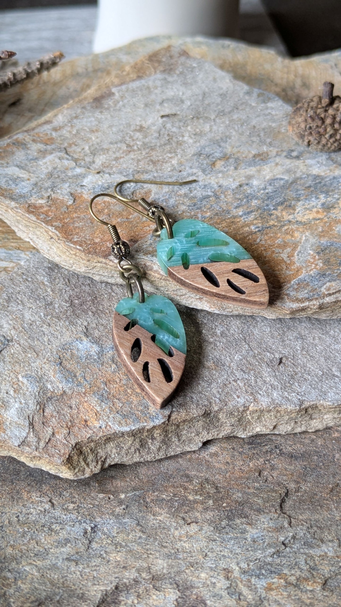 Wood and Resin Earrings ~ Leafy Dangles