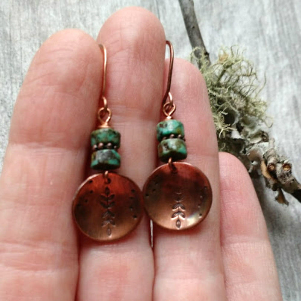 Hand stamped copper earrings